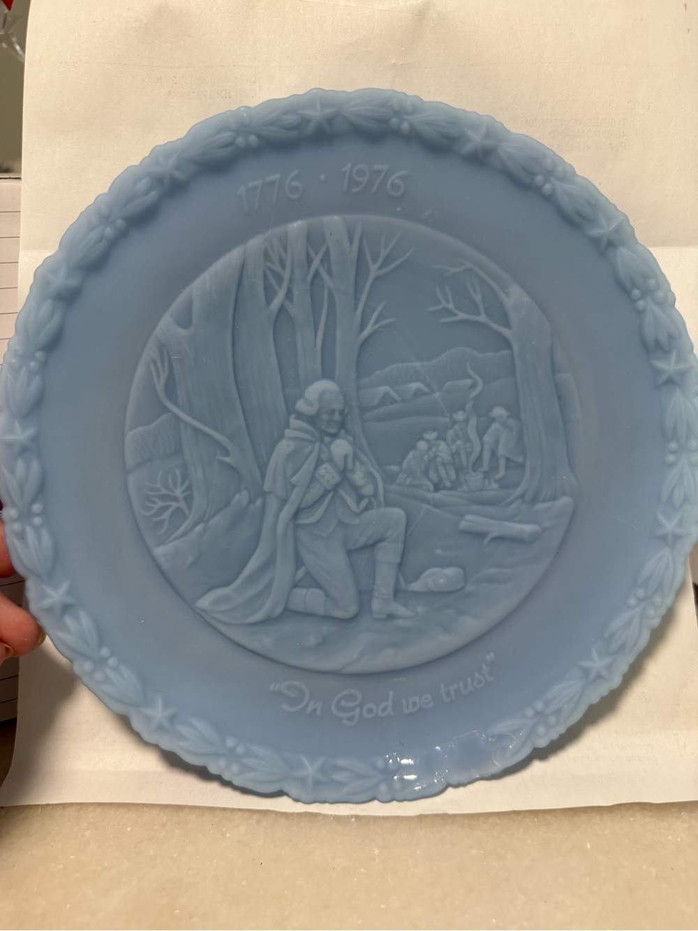 Fenton Satin Blue Milk Glass -Bicentennial Collector Plate 1776-1976